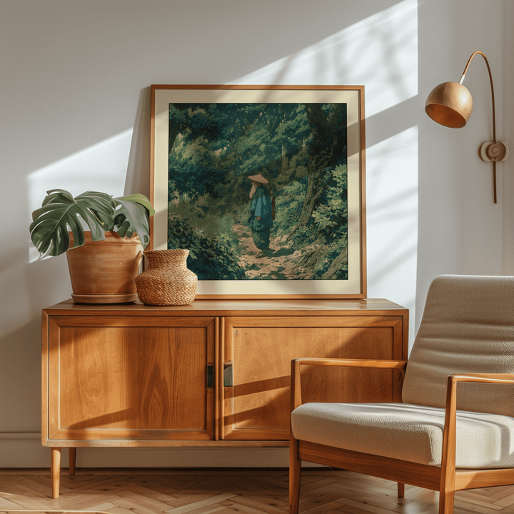 Hasui Kawase vintage woodblock style print of an old man in a lush green forest leaning on a wooden sideboard next to a potted plant