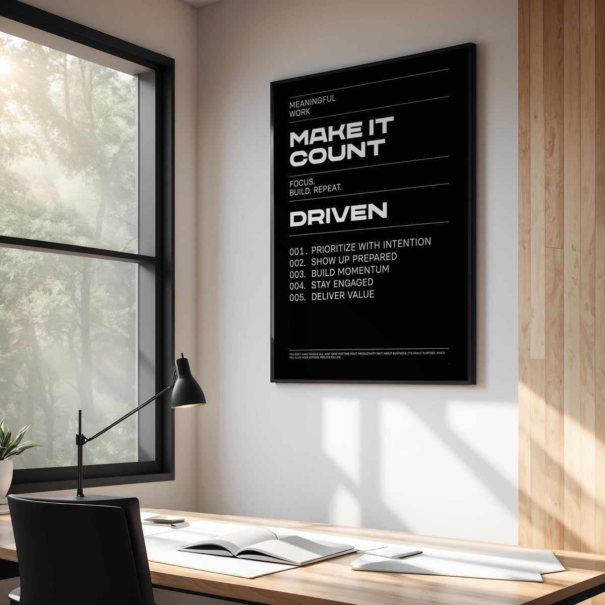 Mindset wall art framed print with white motivational text on black hanging above a desk with a lamp