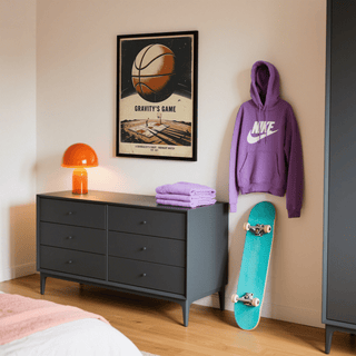 Surreal Basketball Art Print framed above a grey chest with an orange lamp in a bedroom