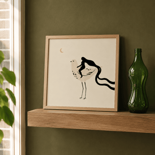 Whimsical Bird Art Print framed close-up of woman riding a bird with black and beige tones on a green wall