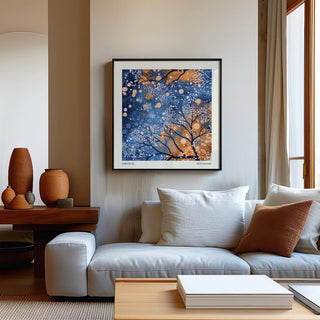 Winter Scene wall art showing white berries and branches in blue and orange tones above a white sofa