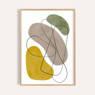 Framed Geometric Abstract Poster with mustard yellow, grey and green organic shapes
