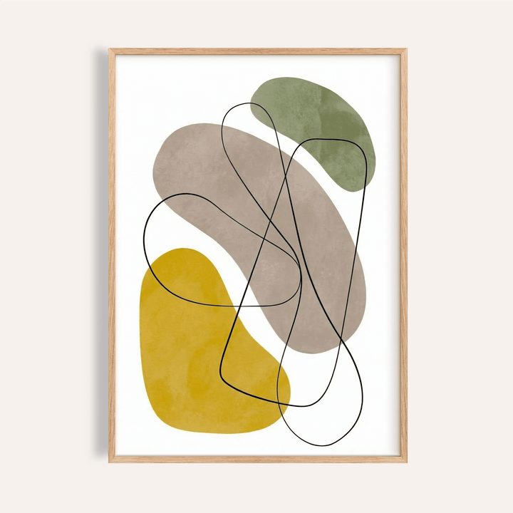 Framed Geometric Abstract Poster with mustard yellow, grey and green organic shapes