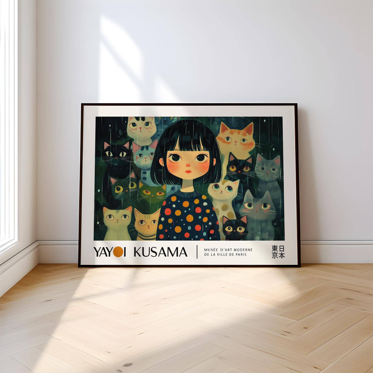 Print leaning on a wooden floor showing girl with cats in dark colours and orange dots on her jumper