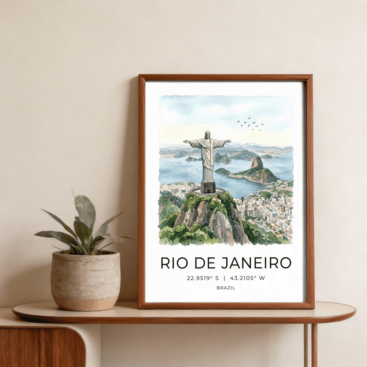 Framed Cristo Redentor Poster of watercolour Christ the Redeemer with city and ocean by a plant