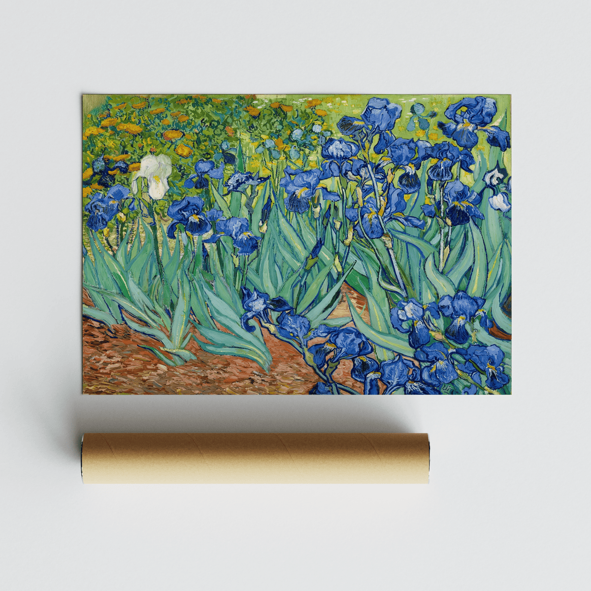 Blue Iris wall art showing botanical illustration style flowers with green and yellow background and a packaging tube