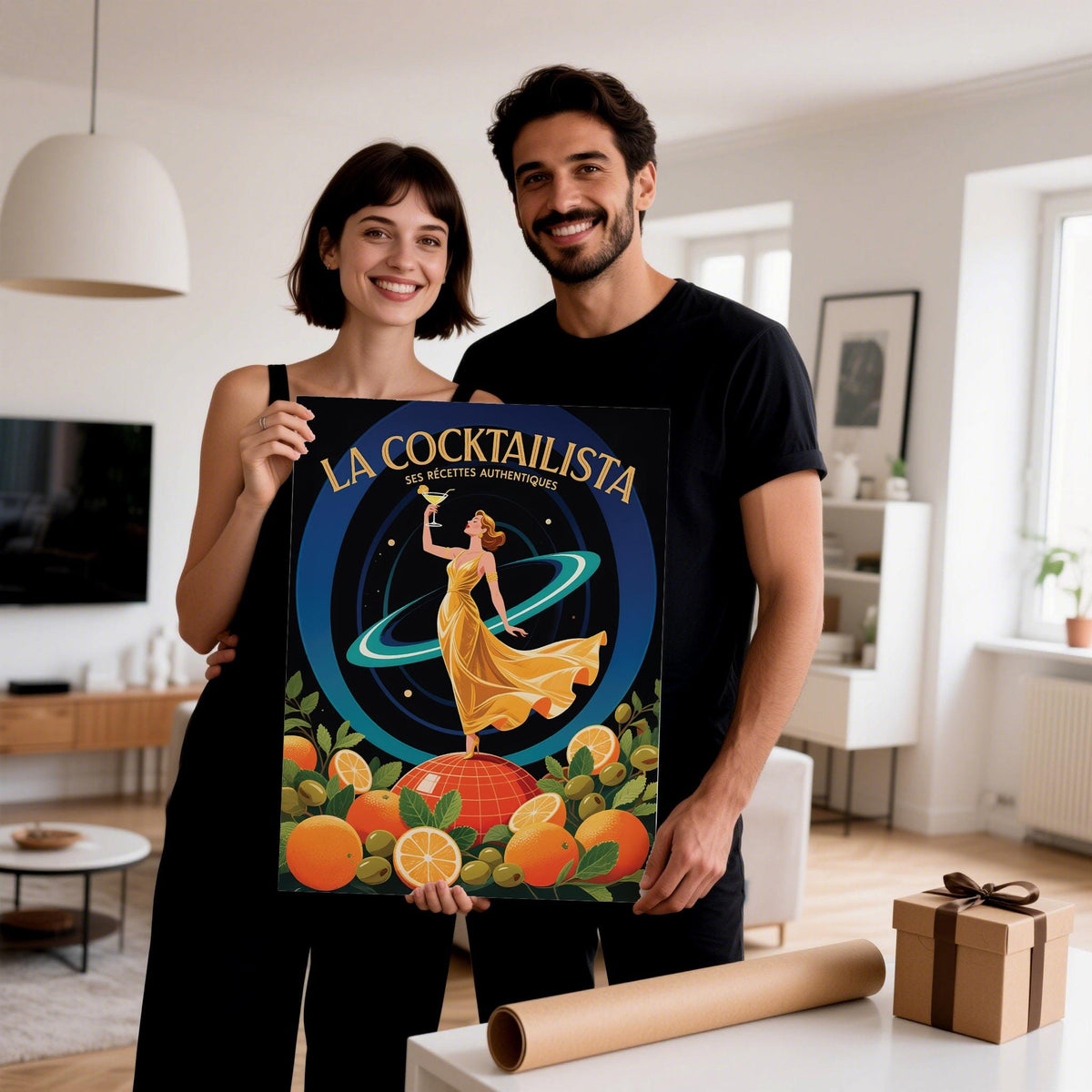 Prints for Bar held by smiling couple showing woman in golden dress with cocktail in art-deco style