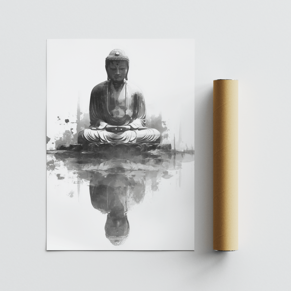 Meditation Statue Reflection wall art print with monochrome illustration and packaging tube on white background