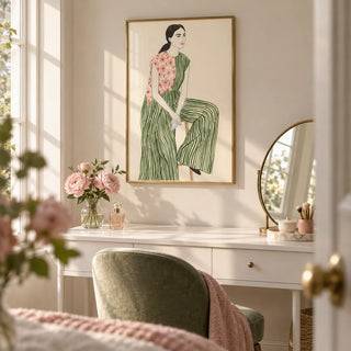 Fashion Illustration Art Print, framed on the wall of a bright dressing room