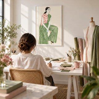 Fashion Illustration Art Print, framed on the wall of a fashion designer's home studio in a home office