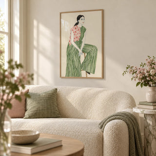 Fashion Illustration Art Print, framed on the wall of a light living room