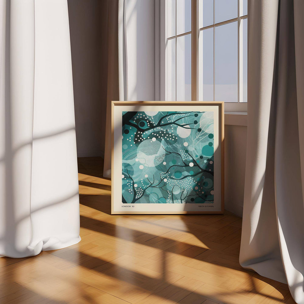 Teal home decor abstract moonlit branches print leaning on a wooden floor by a window with curtains