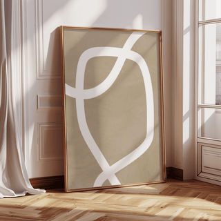 Minimalist art wall with curved white line print leaning on wooden floor near window
