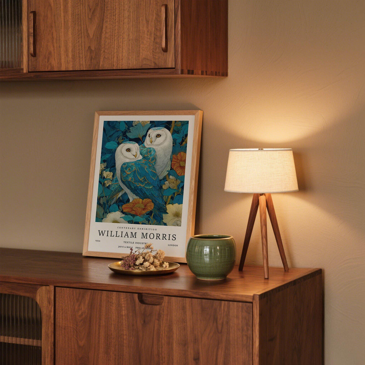 Print leaning on a wooden sideboard of two barn owls with blue and white feathers next to a lamp and green vase