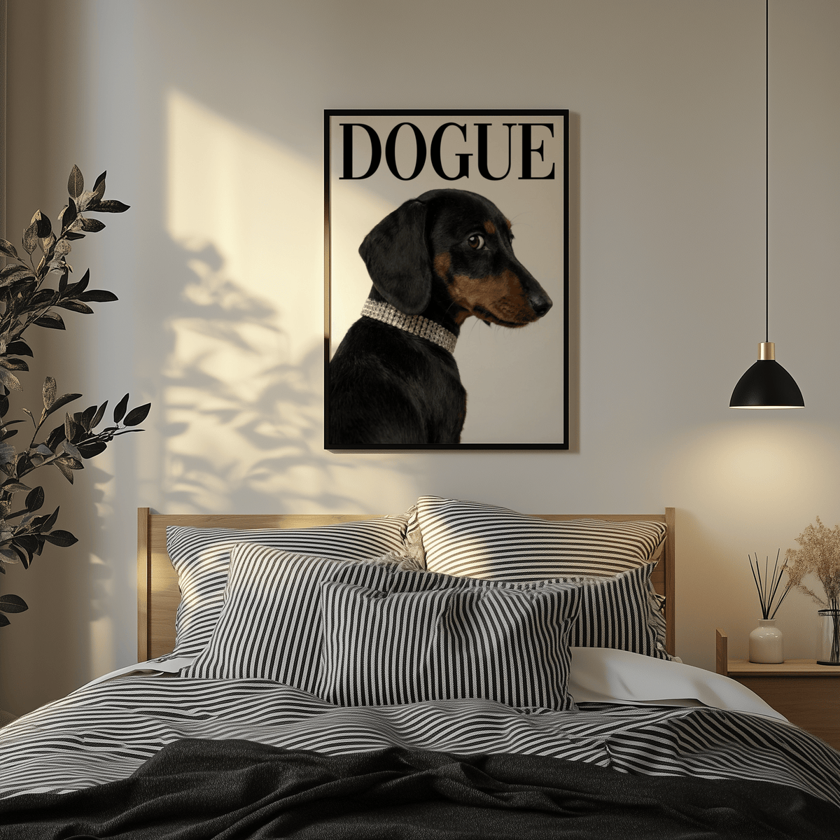 Dachshund art print of a black and tan dog with text above in a bedroom with striped cushions