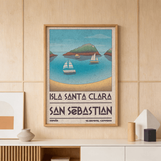Framed Island Vacation Poster with minimalist vintage sailboats and island illustration above a cabinet with vases