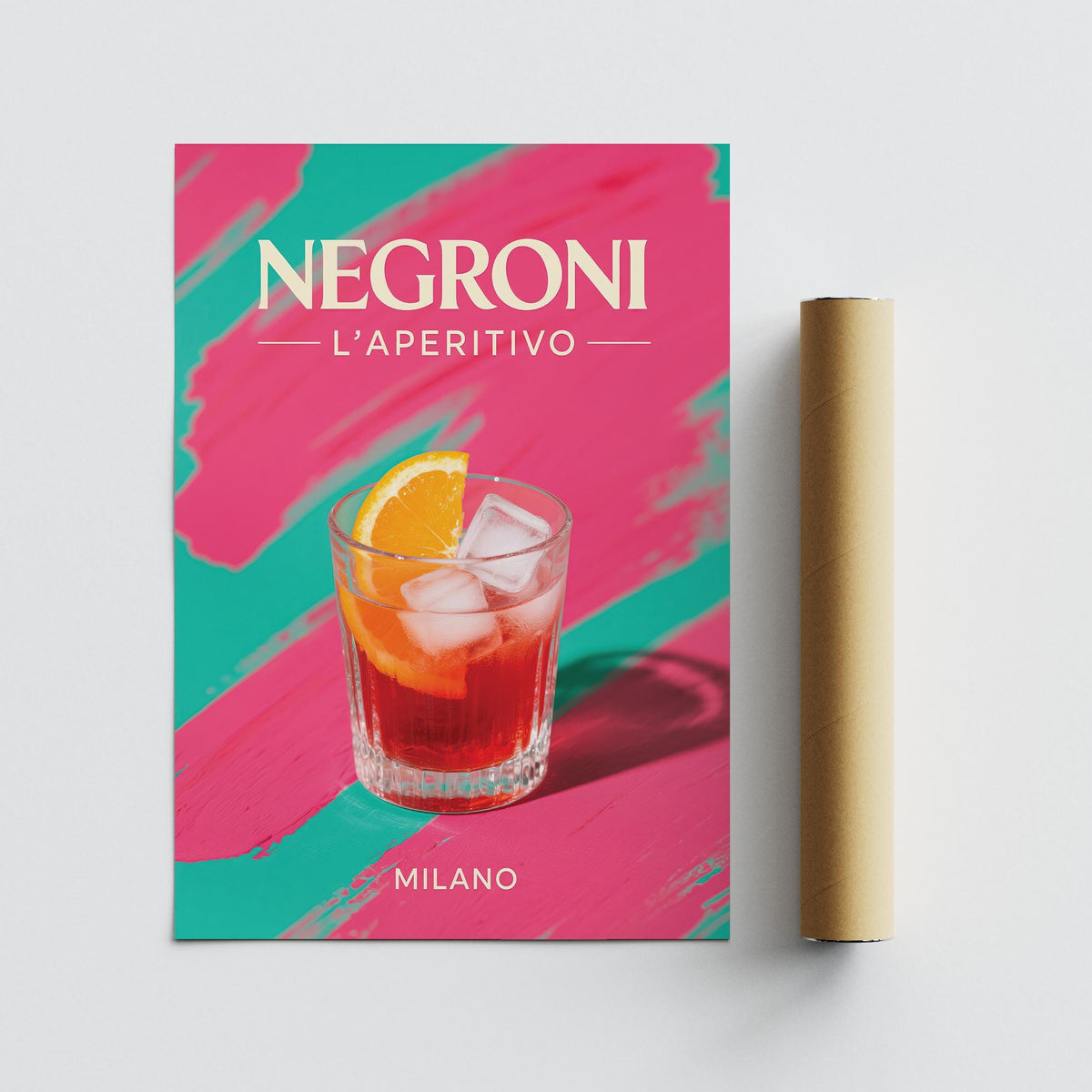 Retro Cocktail Art print of a Negroni cocktail with orange slice against pink and teal background with packaging tube