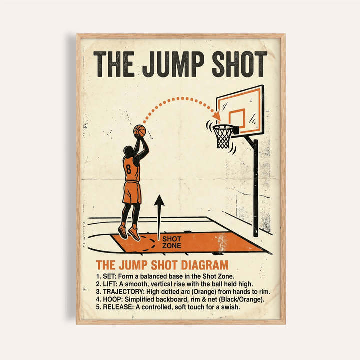 Framed print of a basketball jump shot diagram with orange and black details