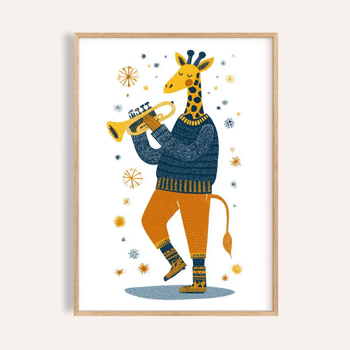 Framed Giraffe Music Art Print with a giraffe in an orange and blue outfit playing trumpet