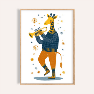 Framed Giraffe Music Art Print with a giraffe in an orange and blue outfit playing trumpet