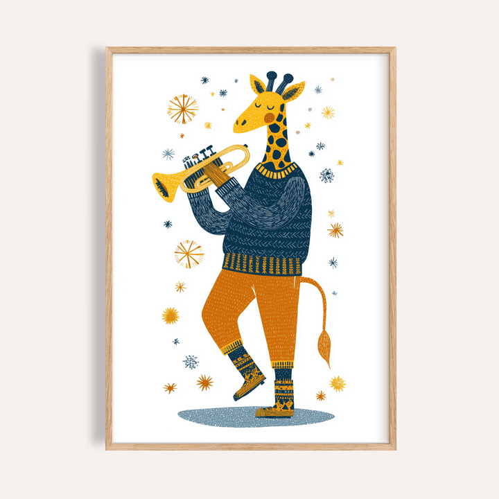 Framed Giraffe Music Art Print with a giraffe in an orange and blue outfit playing trumpet