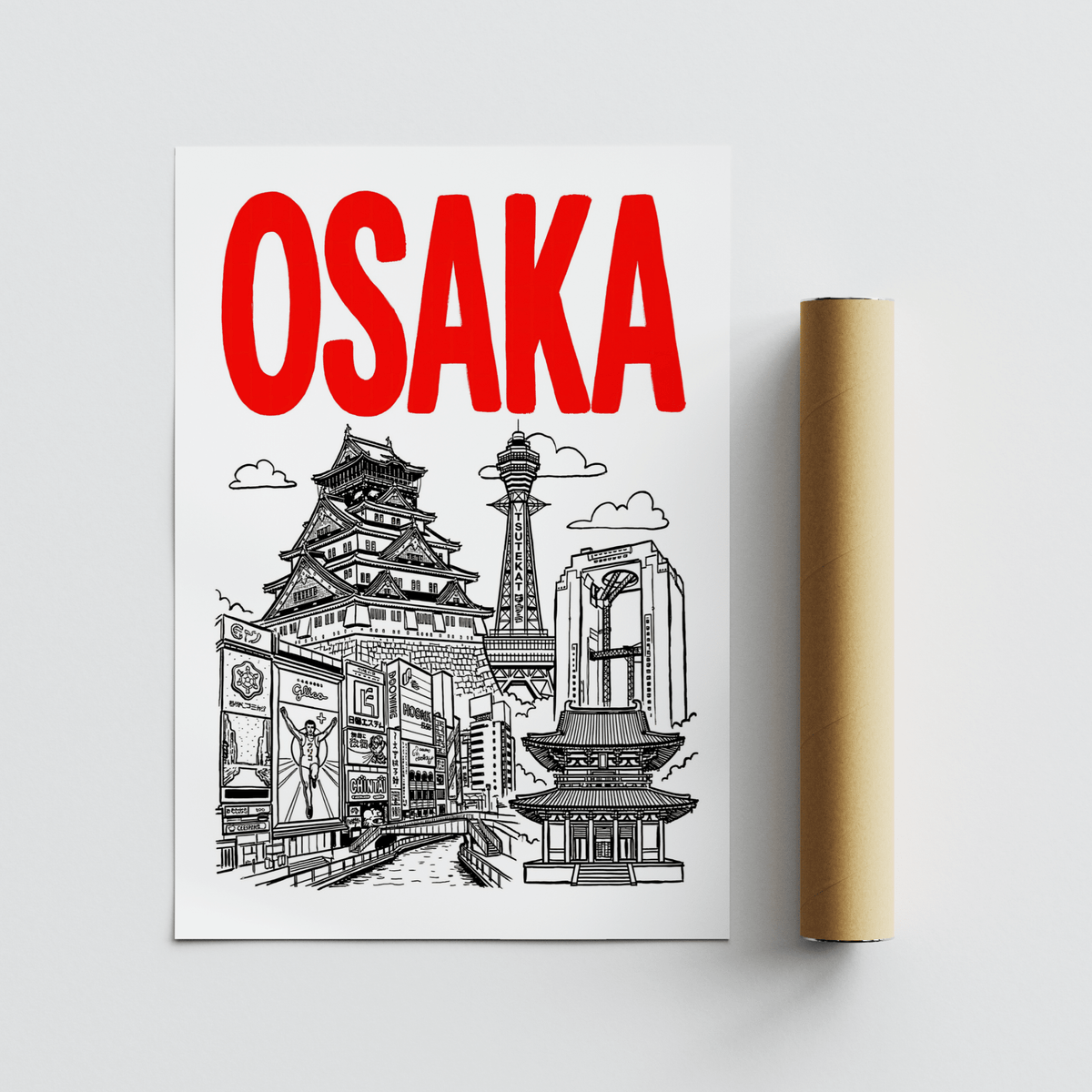 Osaka City Print flat artwork with black line-art cityscape and bold red text with packaging tube