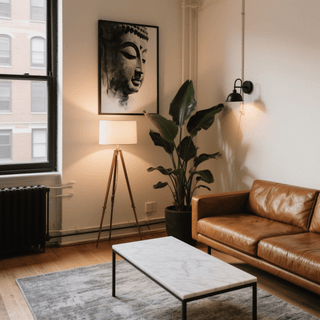 Buddha Art Print in monochrome watercolour hanging above a plant by a tripod lamp in a living room