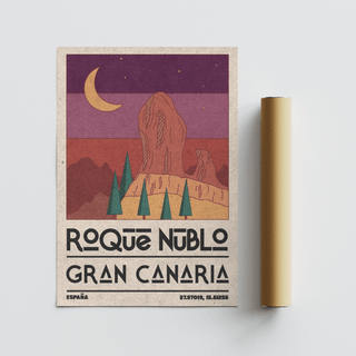 Roque Nublo wall art print showing a rock formation with a crescent moon and green pines rolled beside a packaging tube