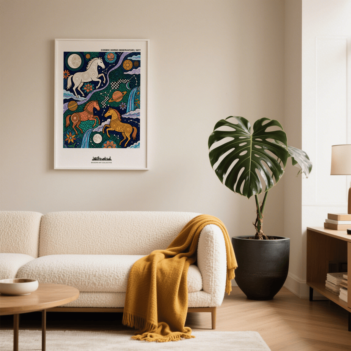 Cosmic Horse Art Print with decorative galloping horses in folk-art style above a cream sofa with a mustard throw and large potted plant