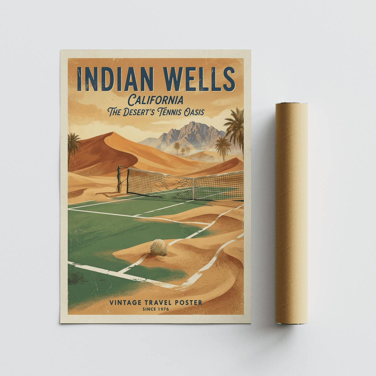 Vintage Tennis Poster flat lay showing a tennis court in a desert next to a packaging tube