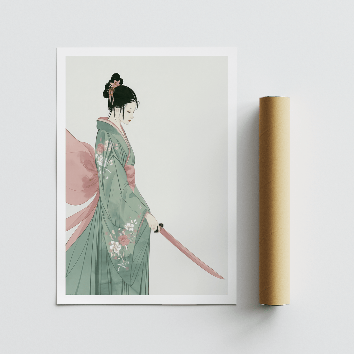 Japanese Woman Art Print with samurai woman illustration in pale green and pink next to a brown packaging tube
