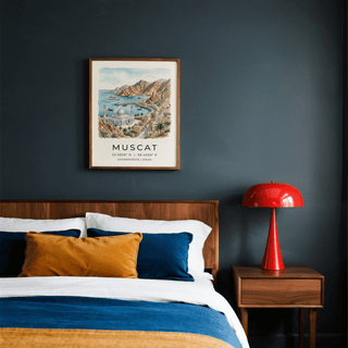 Muscat Art Print framed print on a dark blue wall above a wooden bed with coloured cushions in a bedroom
