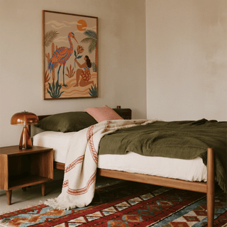 Tropical Bird Artwork hanging above a bed with dark green bedding and a wooden bedside table
