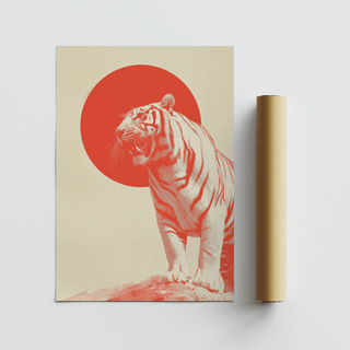 Bold Tiger wall art print showing a roaring tiger in red and beige lying next to a brown packaging tube
