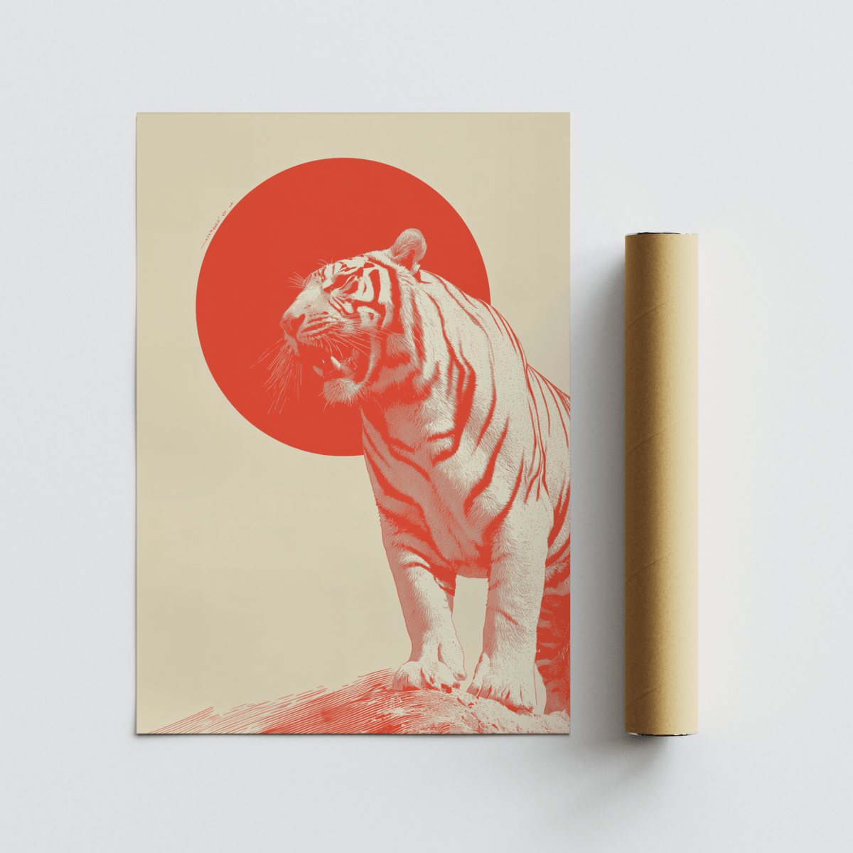 Bold Tiger wall art print showing a roaring tiger in red and beige lying next to a brown packaging tube