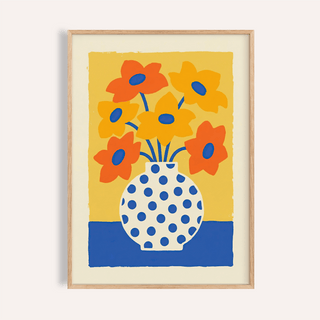 Framed Vase and Flowers Poster with orange and yellow flowers in a dotted vase on a blue and yellow background