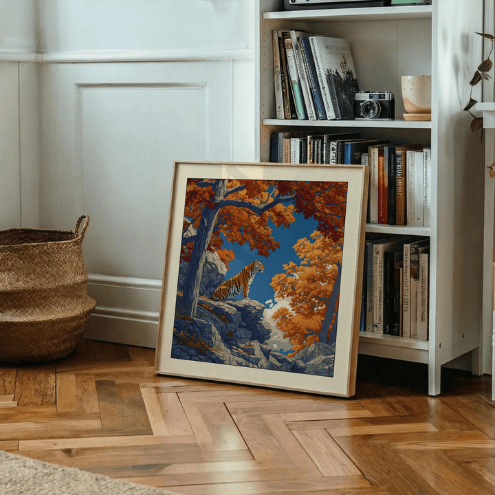 Print leaning on floor of Hasui Kawase tiger art print with blue, orange and grey shades beside bookshelf