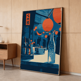 Print leaning on the floor showing lantern-lit market stall in blue and orange against light wood wall with cabinet nearby