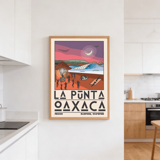 La Punta Oaxaca wall art of a minimalist sunset beach scene framed on a kitchen wall
