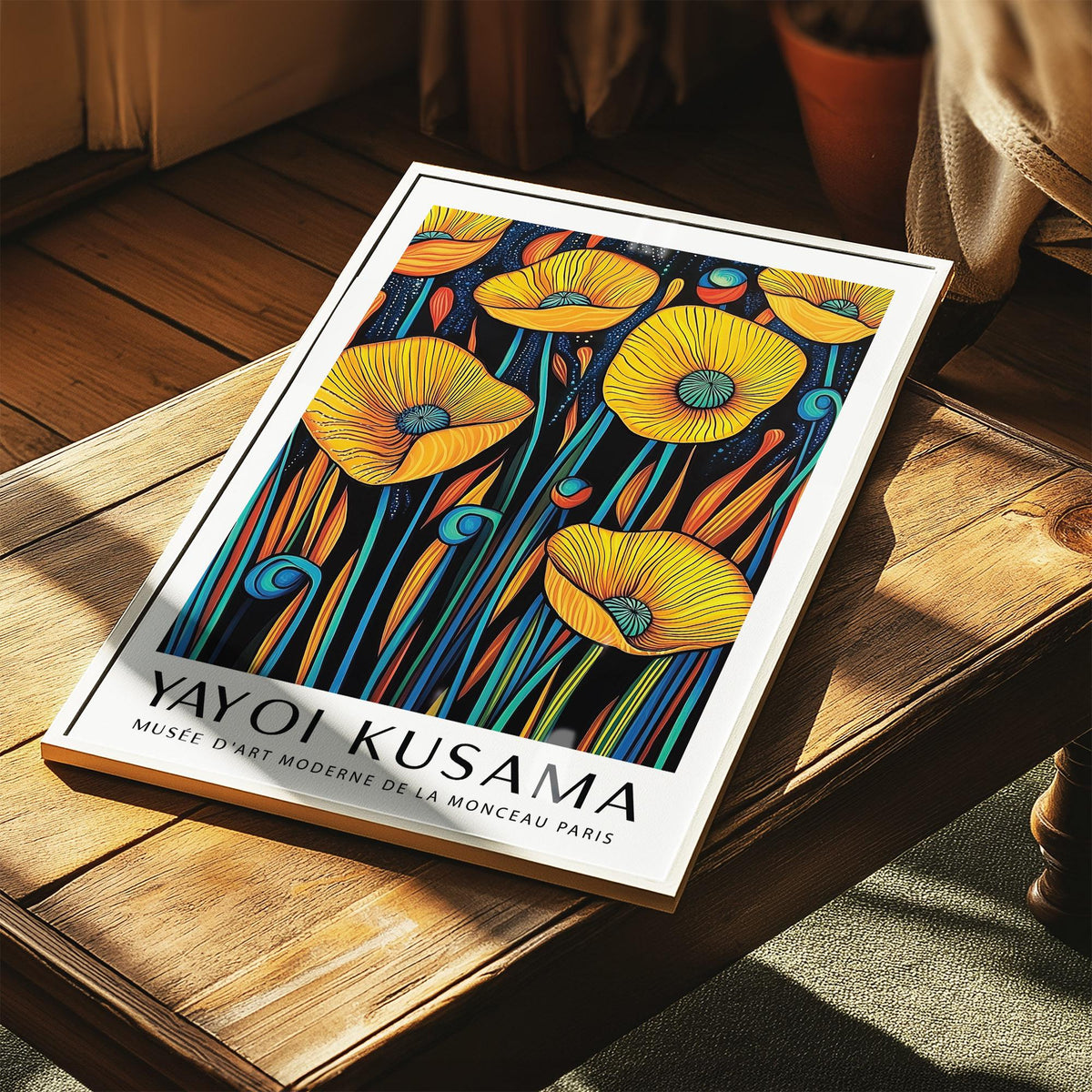 Print of yellow poppy illustration with blue and orange details leaning on a wooden bench