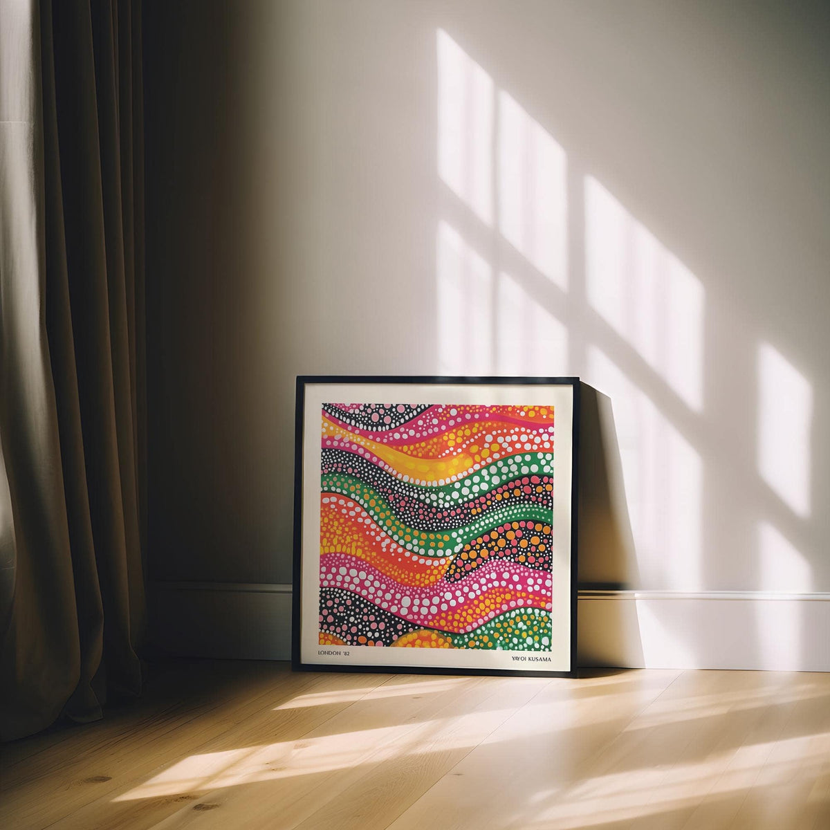 Abstract Art Colorful print with wavy dotted lines in bright colours leaning on a wooden floor near a curtain