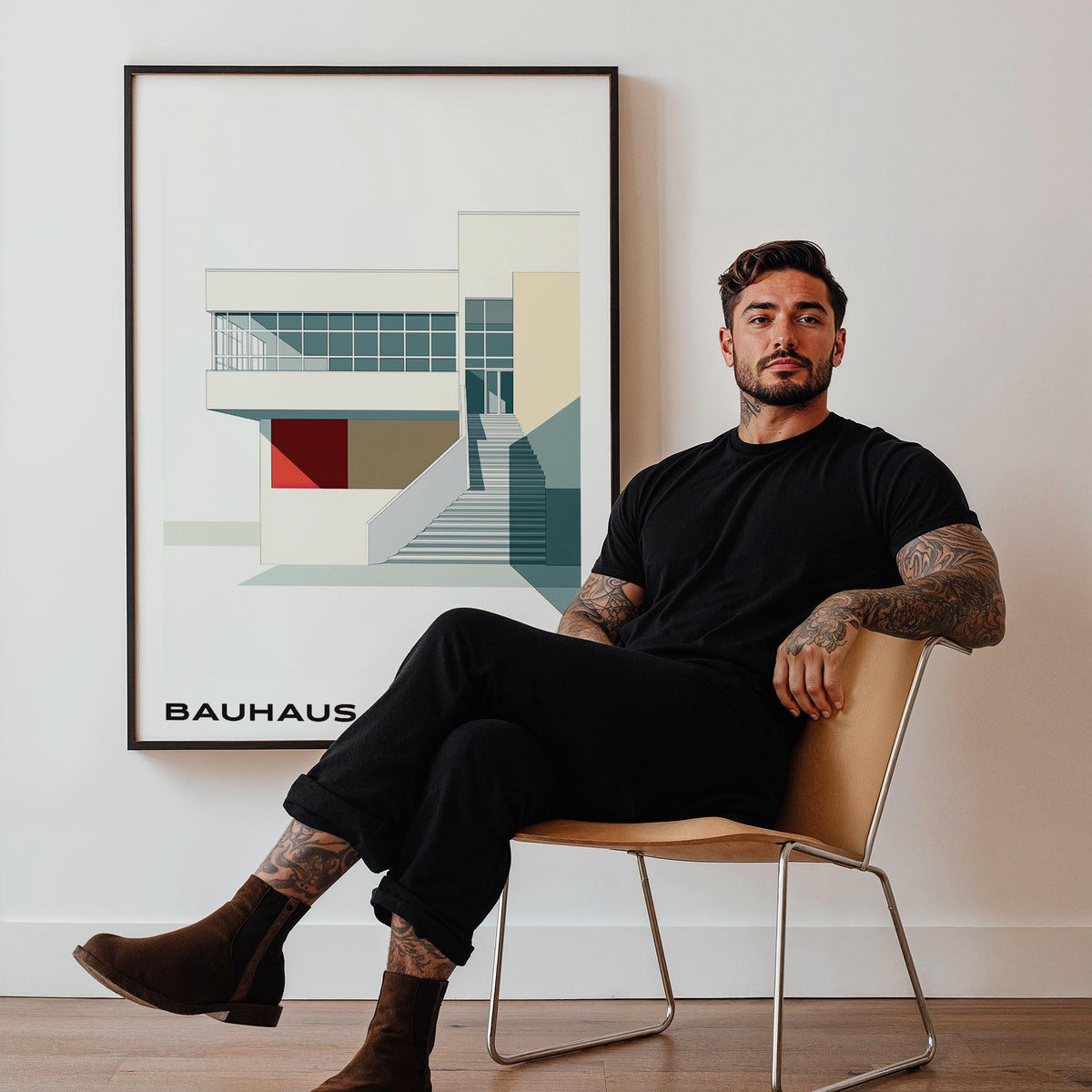 Architecture Posters framed print of modern stairs in muted colours with a man sitting on a chair nearby