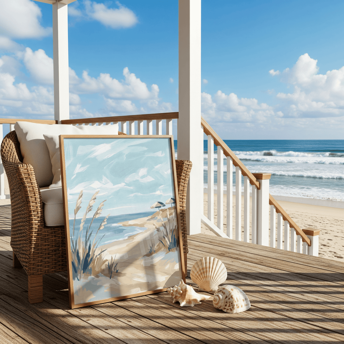 Beach landscape art print leaning against a wicker chair with seashells on wooden deck