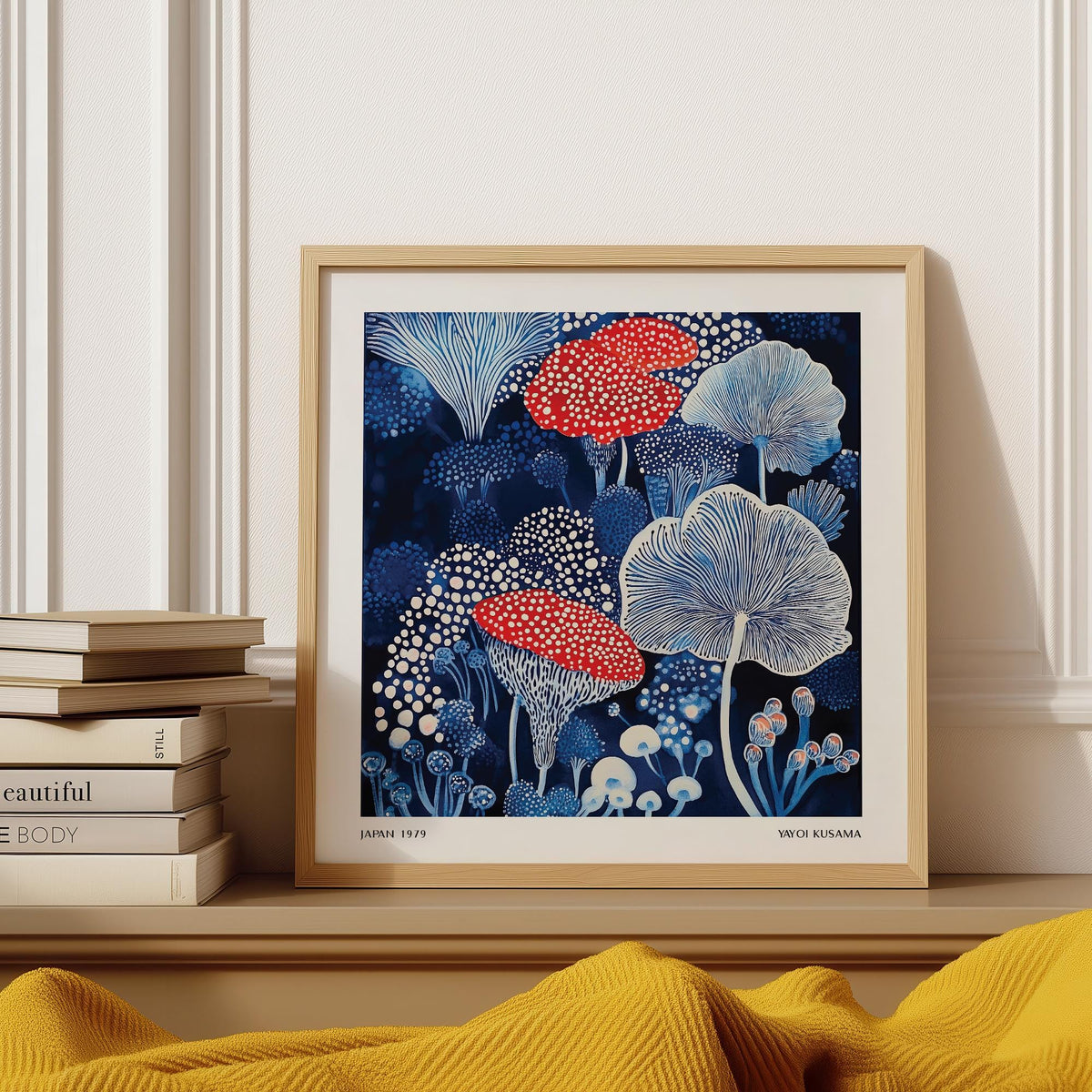 Framed mushroom poster with red and white spotted mushrooms and blue botanical illustration on a wooden shelf with stacked books