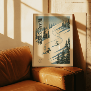 Snowboarding wall art of two snowboarders leaving trails in blue and white snow leaning on a brown leather sofa