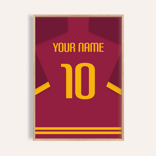 Framed Football Shirt Poster in Maroon with Yellow Number showing a minimalist design with yellow stripes