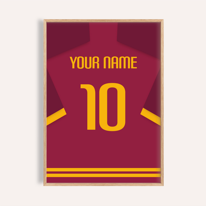 Framed Football Shirt Poster in Maroon with Yellow Number showing a minimalist design with yellow stripes