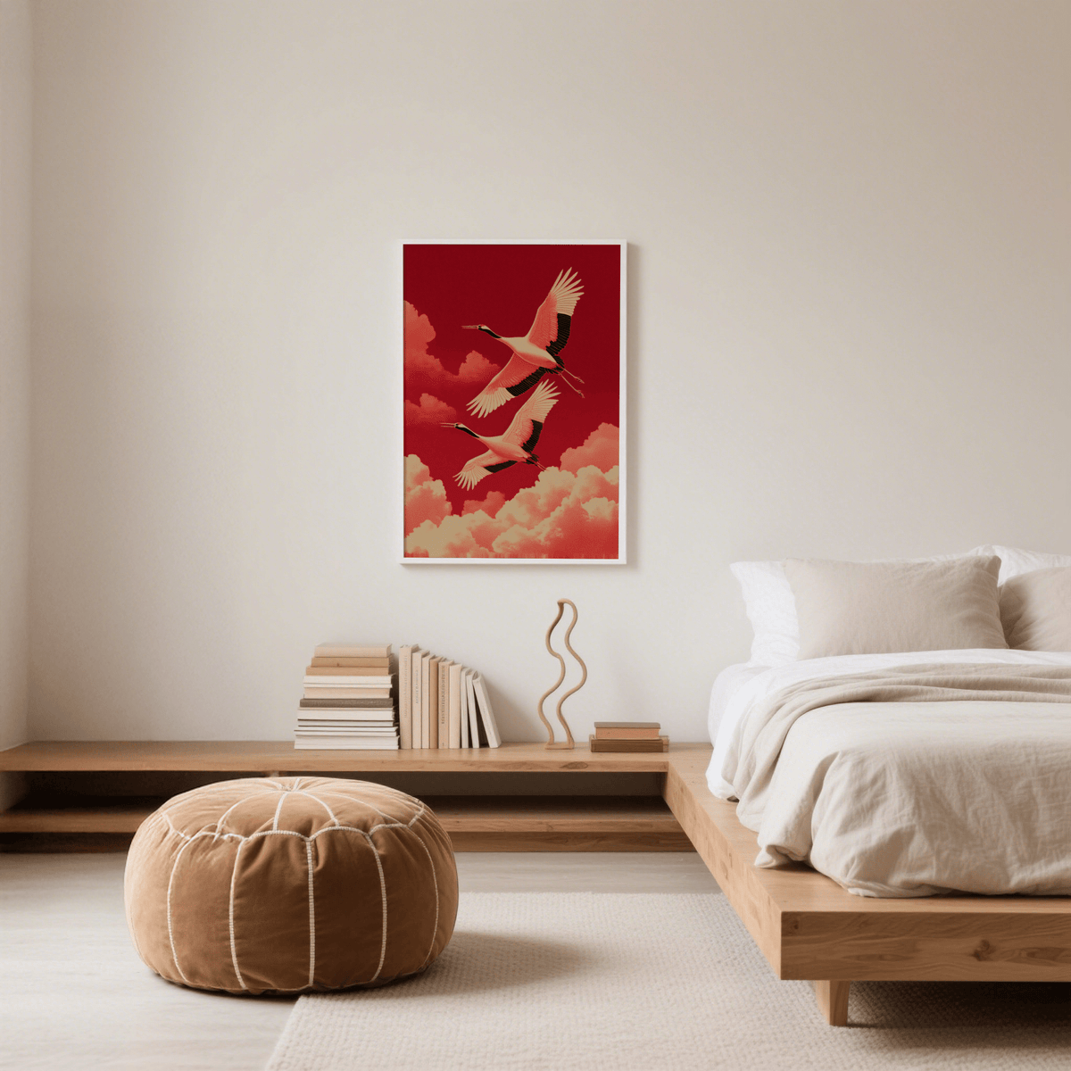 Flying cranes wall art with red background and cloud details above a wooden shelf and tan pouf in a bedroom