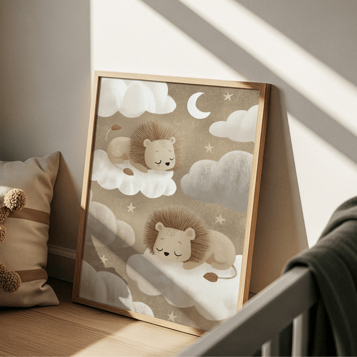 Print leaning on floor with sleeping lions on clouds in beige and white hues