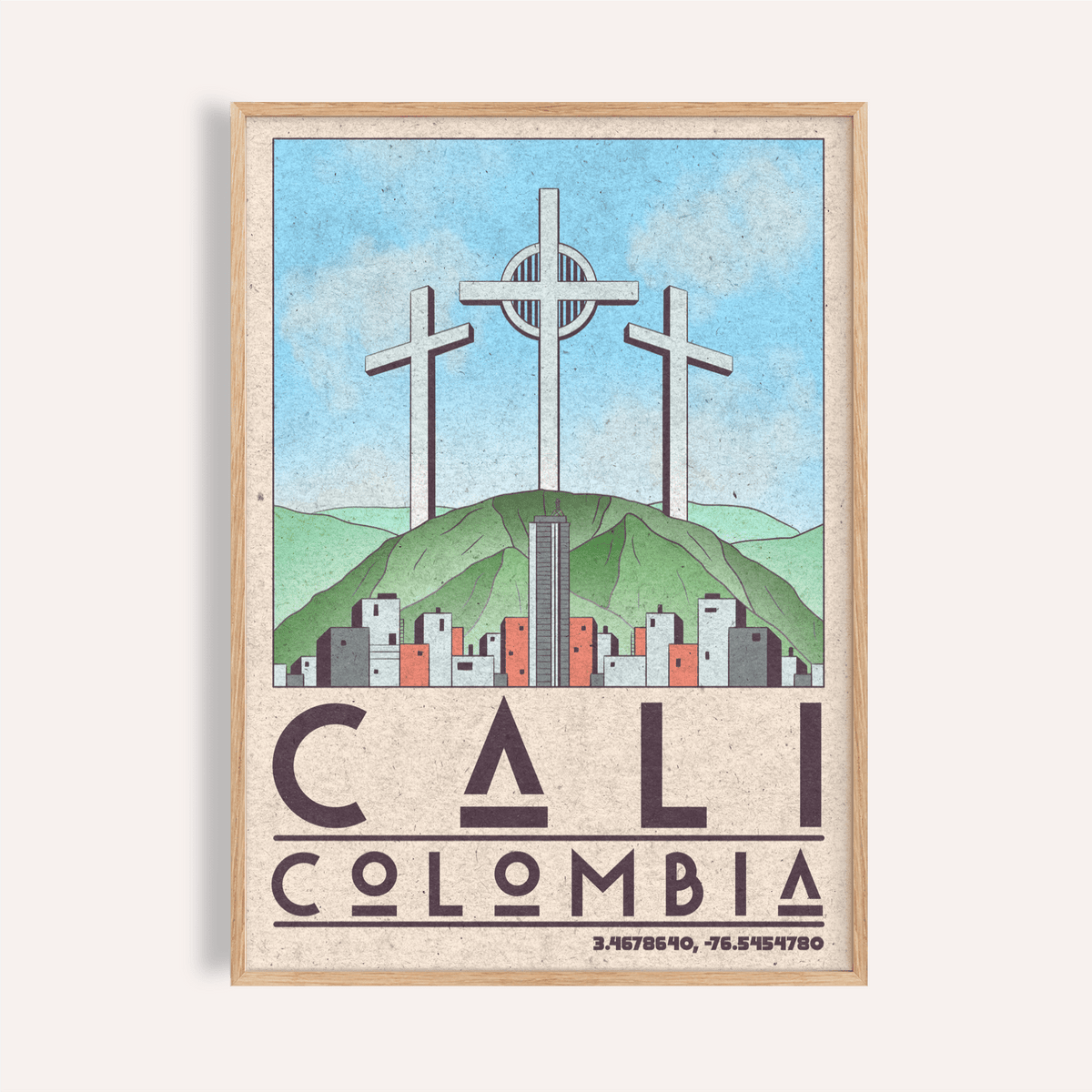 Framed Cali Colombia art print of three crosses monument with blue sky and cityscape